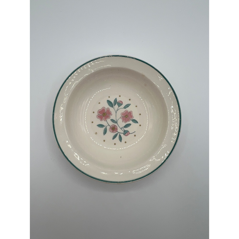 Vintage Tudor Rose Ceramic Bowl Pink Floral Green Rim Cottagecore Stoneware